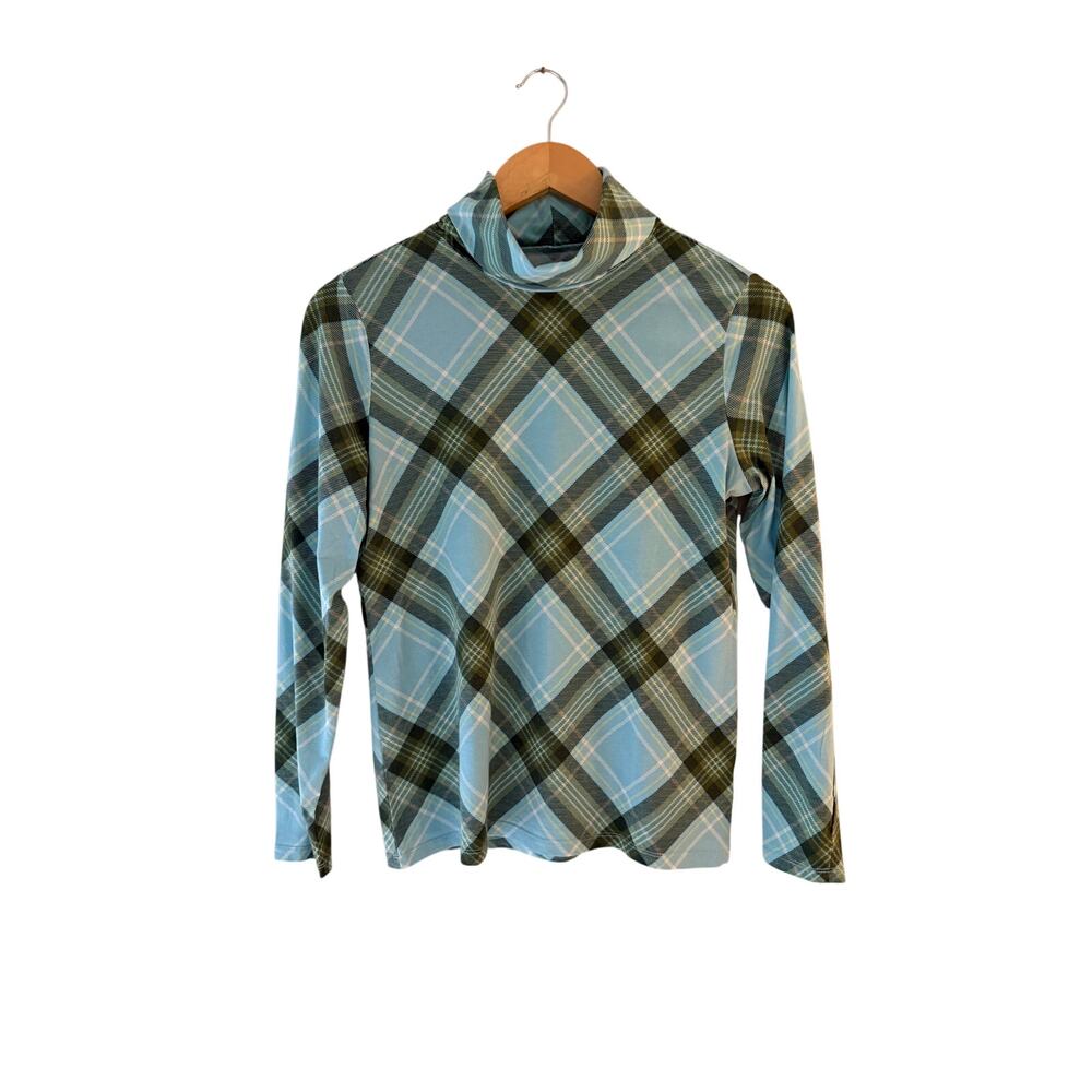Talbots Petite Plaid Mock Neck Top Small Blue Green Tartan Cotton Stretch